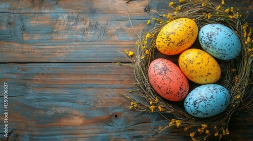 Colorful Decorated Eggs Surrounded by Flowers for Spring Celebration