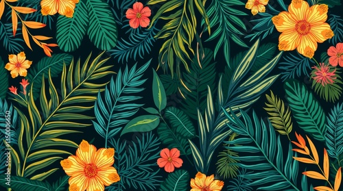 A lush tropical floral and leaf pattern with deep green foliage and golden flowers on a dark background. Vibrant, exotic, and stylish, ideal for fashion and design.
