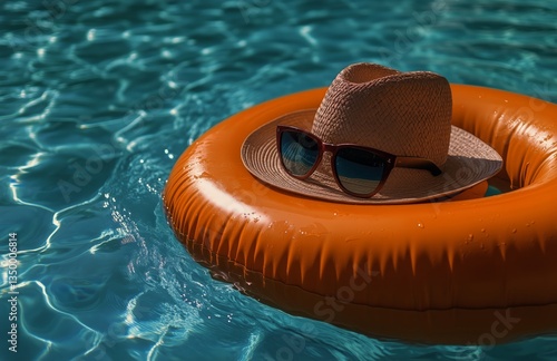 Floating Hat and Sunglasses on an Orange Pool Float in Clear Blue Water on a ...