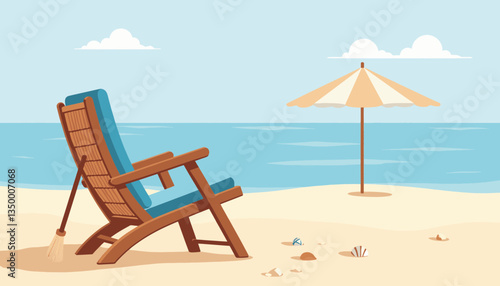 Relaxing beach scene with deck chair and umbrella by the ocean  