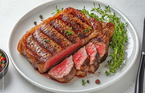 Perfectly Grilled Steak Served With Fresh Thyme and Pepper on a White Plate