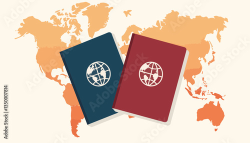 Travel passports and world map background in vibrant colors  