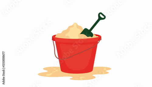 Red bucket filled with sand and a shovel on a white background  