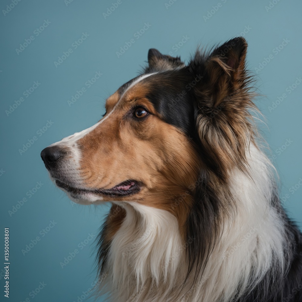 Collie dog portrait with calm expression on light blue background Collie dog portrait with calm expression on light blue background