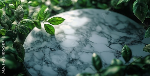 Natural Marble Surface With Green Foliage in Sunlight, Ideal for Display, Dec...