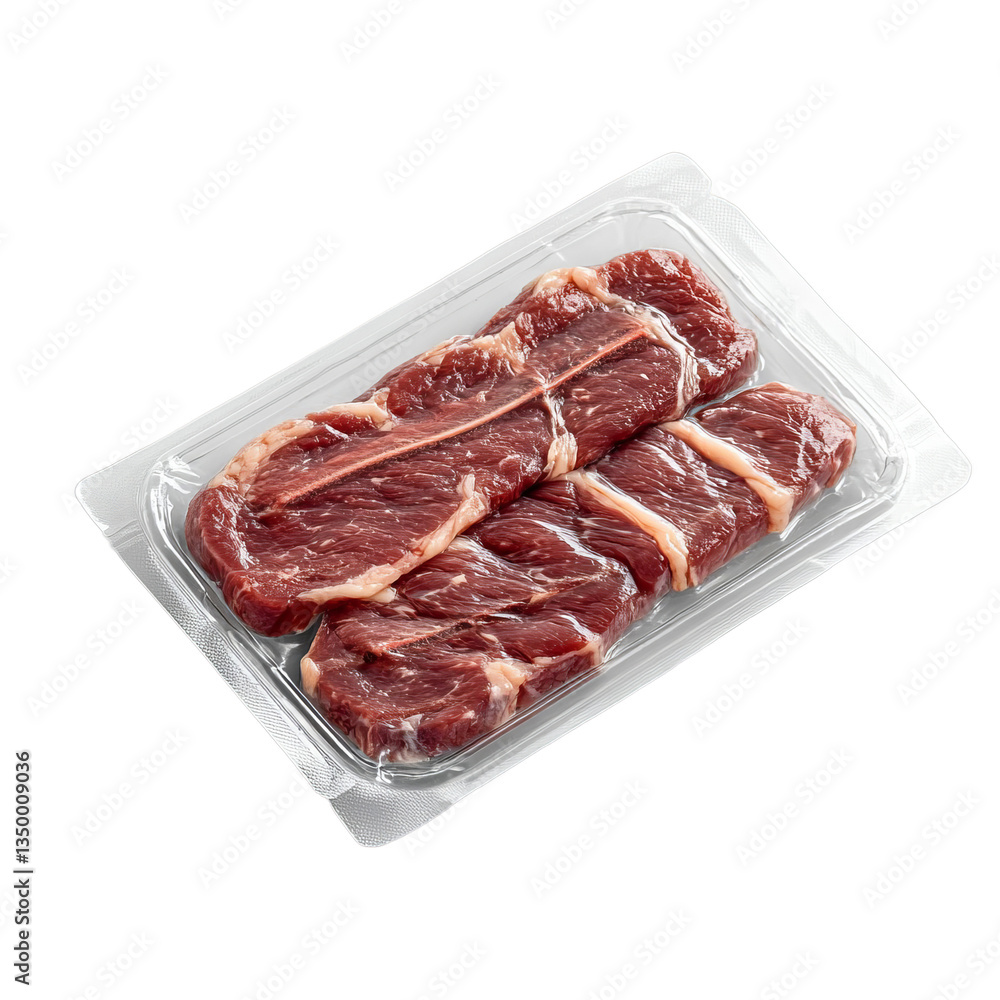 Packaged raw beef steaks in vacuum-sealed plastic tray on transparent background Packaged raw beef steaks in vacuum-sealed plastic tray on transparent background