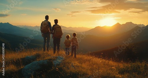 Family Enjoys Sunset View Over Mountains During Evening Hike in Nature
