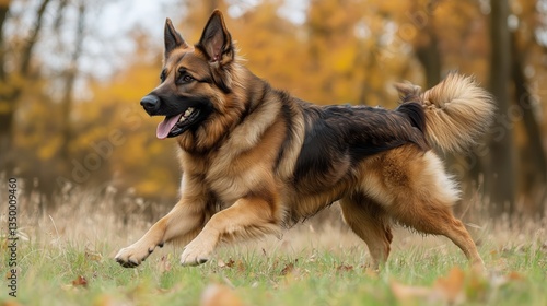 Dog Running Joyfully Across a Grassy Field With Autumn Leaves in the Background