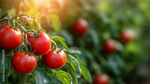 Fresh Red Tomatoes Growing on Lush Green Plants in a Garden at Sunset