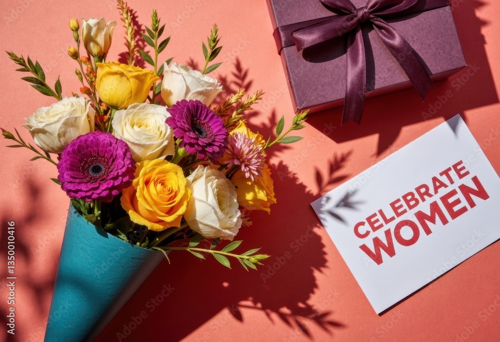 Obraz premium A vibrant bouquet of flowers with a card that says Celebrate Women