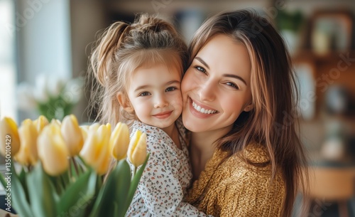 Smiling Mother and Daughter Enjoying a Joyful Moment in a Cozy Indoor Setting...