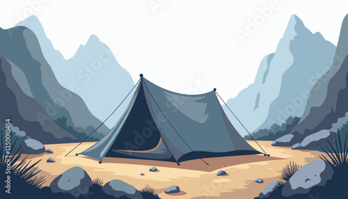 Tent in mountainous area with blue tones and serene atmosphere  