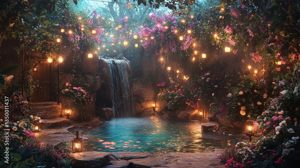 Enchanted garden with waterfall, flowers, and glowing lights. Enchanted garden with waterfall, flowers, and glowing lights.