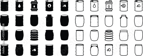 Barrel oil drum icon in flat, line style set. isolated on transparent background