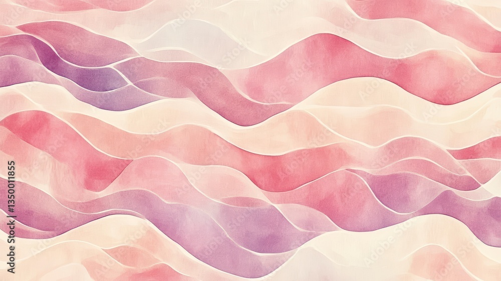 Obraz premium Abstract watercolor wave pattern in pastel pink, purple, and beige tones.