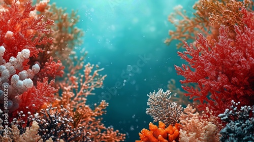 Coral Reef Underwater Ecosystem With Vibrant Red Corals and Sunlight Filterin...