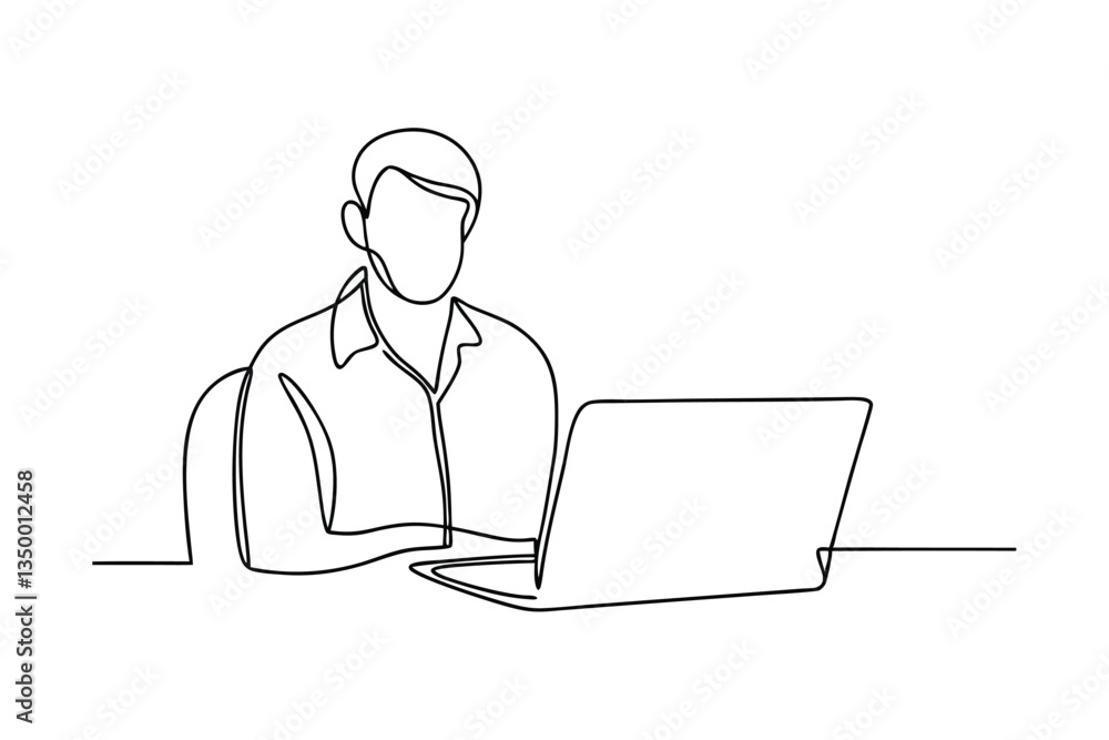 Single Line Drawing Man Working Laptop Computer Technology Office Single Line Drawing Man Working Laptop Computer Technology Office