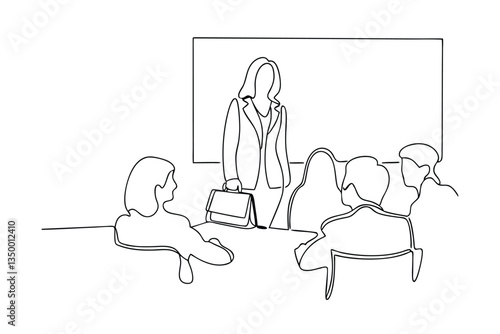 Businesswoman Leading a Team Meeting Presentation, One Line Drawing