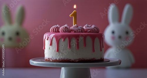 Celebrating a First Birthday With a Beautifully Decorated Cake on a Pink Back...