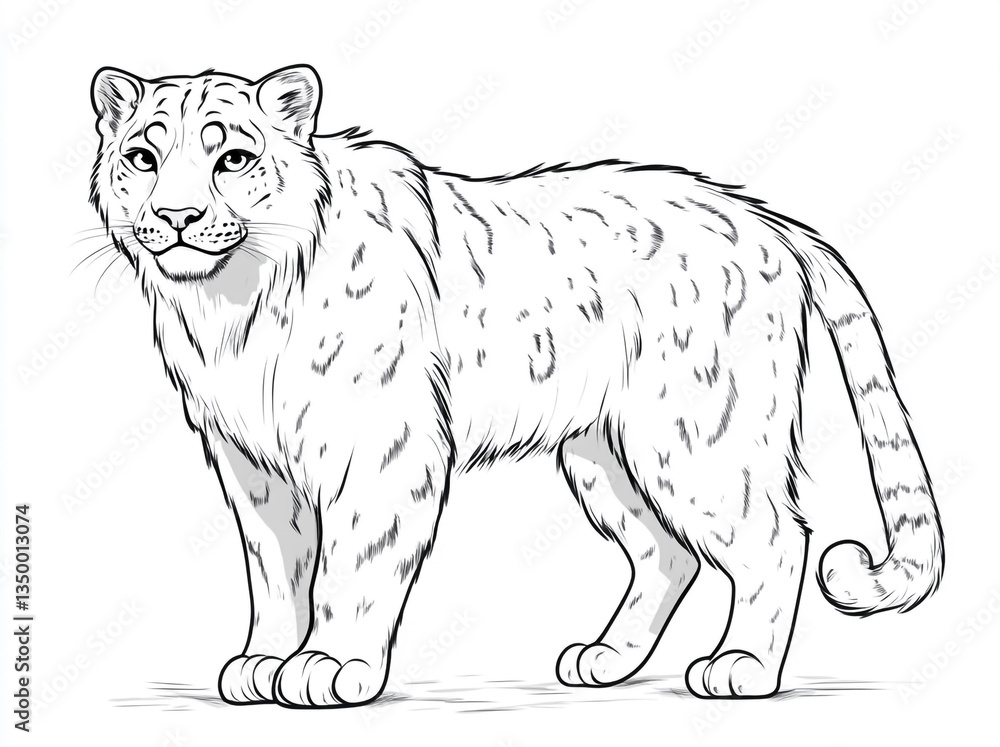 A detailed line drawing of a snow leopard standing with its tail curled on a white background A detailed line drawing of a snow leopard standing with its tail curled on a white background