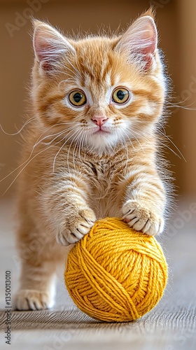 Playful Ginger Kitten with Yellow Yarn Ball