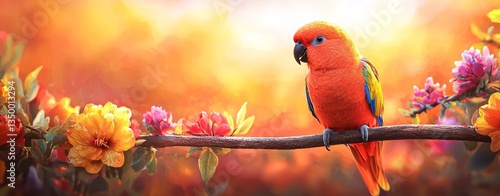Sunlit Parrot on a Blooming Branch