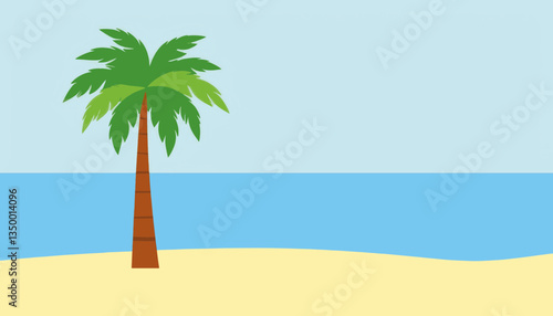 Tropical palm tree by the calm ocean against a sunny beach  