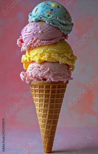 Delicious Three-Scoop Ice Cream Cone Showcasing Vibrant Flavors in a Colorful...
