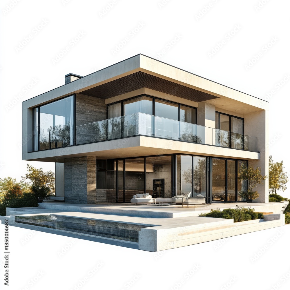 Fototapeta premium Contemporary Architecture: A Two-Story Modern House with a Flat Roof and Striking Glass Balconies Overlooking a Tranquil Pool.