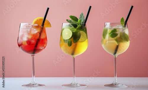 Refreshing Summer Cocktails on a Pink Background With Mint and Fruit Garnishes