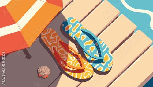 Colorful flip flops resting on a dock by the water  
