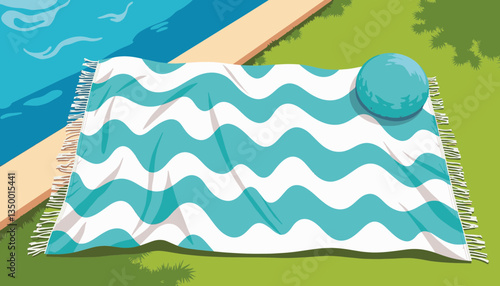 Colorful beach towel with a round pillow by the poolside  