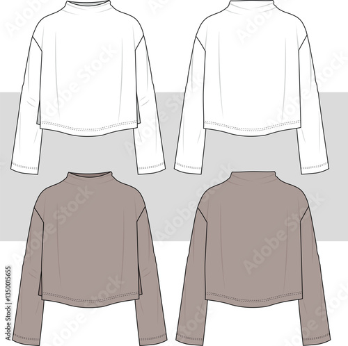 Women's turtleneck, Loose top. Oversize top technical fashion illustration, vector. Flat apparel top template front and back view, CAD mock-up.