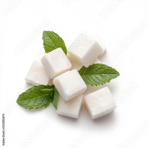 white gum pieces with mint leaf, Isolated on white Background.