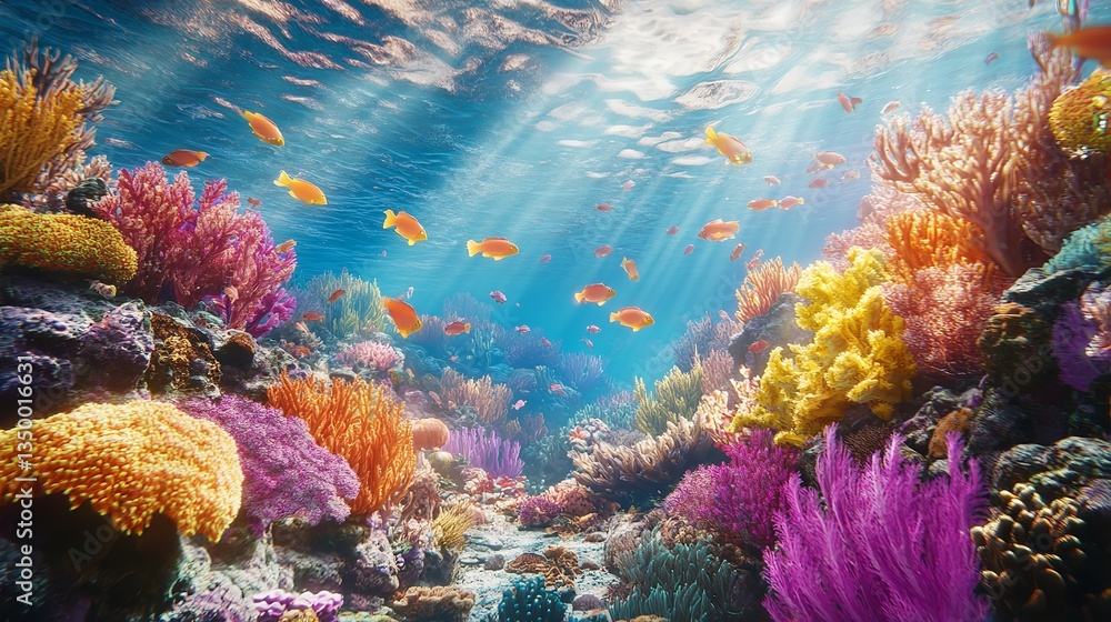 Fototapeta premium Underwater Coral Reef With Colorful Fish and Sunlight