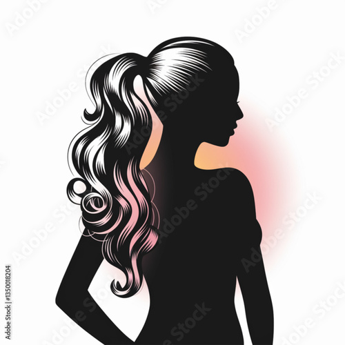 Silhouette of woman with long wavy hair in high ponytail hairstyle on light background
