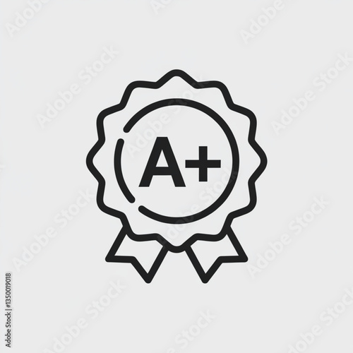 A plus grade ribbon badge icon in modern black outline style for academic excellence certification or student award graphic