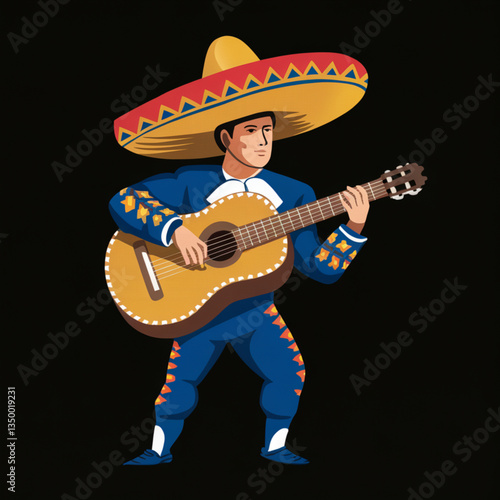 Folk music performer with sombrero and guitar celebrating Mexican Independence Day. Cinco de mayo pint on demand vector graphic