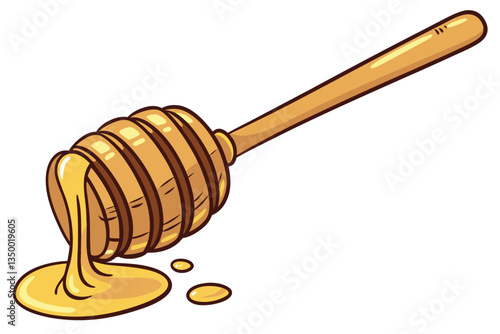8 Wooden honey dipper, golden honey dripping, close-up photography, white background, high contrast, glossy texture, appetizing, food photography, studio lighting, liquid motion, viscous, amber color,