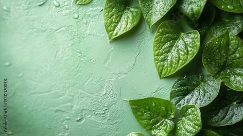 Green Leaves With Water Droplets on a Textured Surface in a Natural Setting
