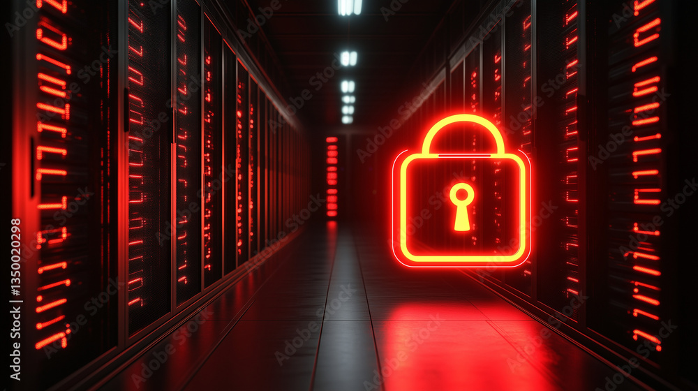 Obraz premium 3D rendering of a red neon light padlock icon in a dark room with a data center and servers in the background