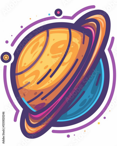 Futuristic cartoon space planet with purple and orange rings in bold style for cosmic illustration or science fiction concept
