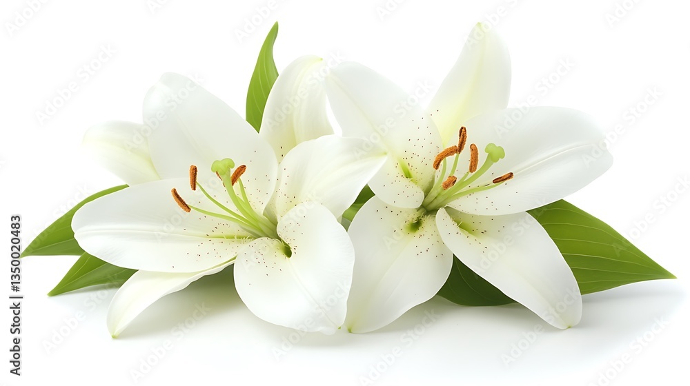 Obraz premium Two white lilies with green leaves isolated on white background.