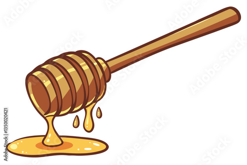 8 Wooden honey dipper, golden honey dripping, close-up photography, white background, high contrast, glossy texture, appetizing, food photography, studio lighting, liquid motion, viscous, amber color,
