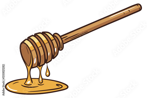8 Wooden honey dipper, golden honey dripping, close-up photography, white background, high contrast, glossy texture, appetizing, food photography, studio lighting, liquid motion, viscous, amber color,