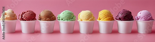 Assorted Ice Cream Cups Arranged Neatly on a Pink Background During a Sunny A...