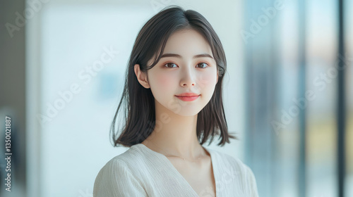 Free Download A young woman with long dark hair stands in a well-lit space, offering a gentle smile that reflects a calm demeanor, capturing a moment of serenity and poise in her expression. - GFXLoad