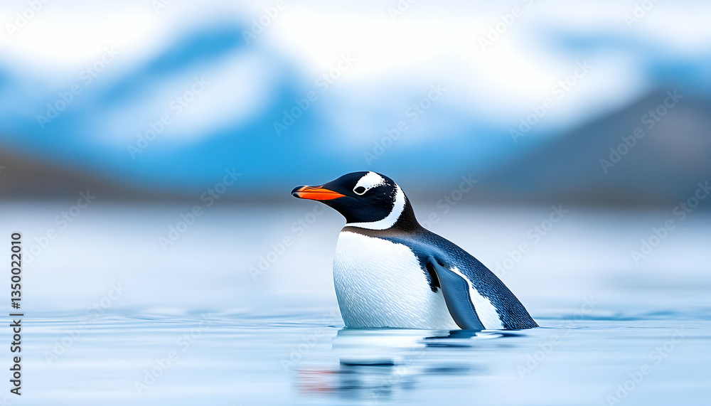 Fototapeta premium Gentoo penguin swimming in icy blue water, mountains blurred in background