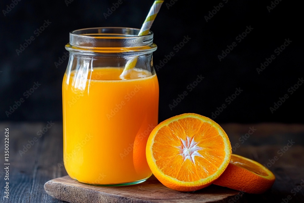 Freshly squeezed orange juice fills a glass jar, complete with a straw. Sliced oranges rest beside the jar on a wooden cutting board, highlighting their vibrant color and freshness Freshly squeezed orange juice fills a glass jar, complete with a straw. Sliced oranges rest beside the jar on a wooden cutting board, highlighting their vibrant color and freshness