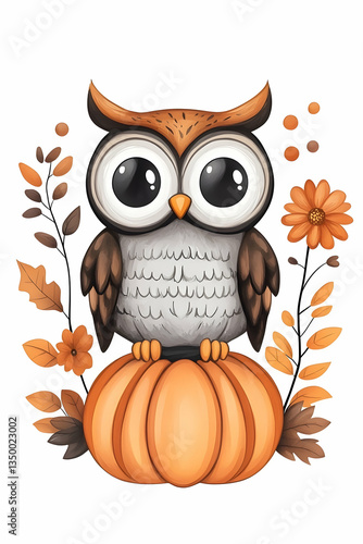 Cute cartoon owl perched on an autumn pumpkin, surrounded by fall leaves and flowers (1)